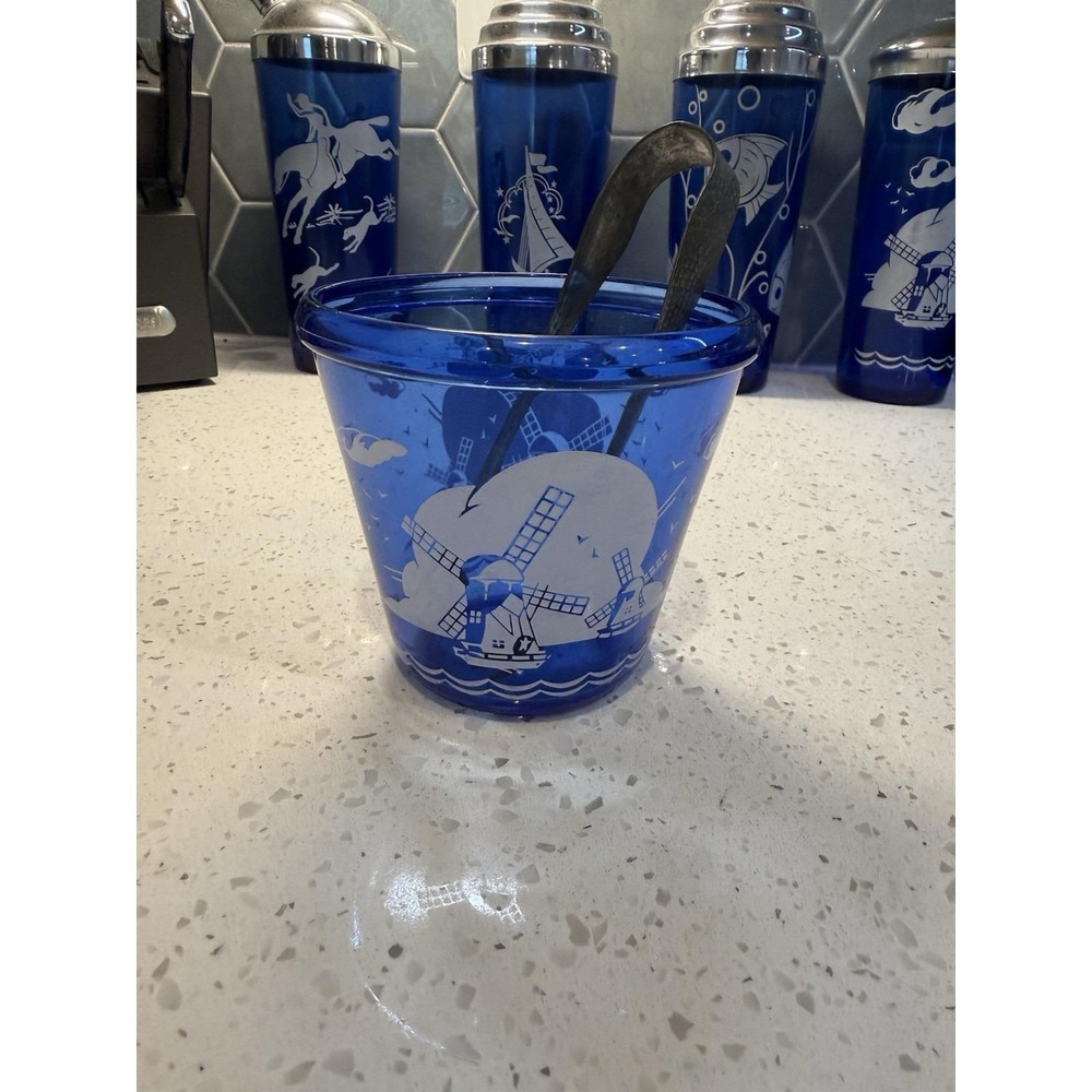 Hazel Atlas Windmill Cobalt Blue Ice Bucket W Tongs Mid Century Depression Glass
